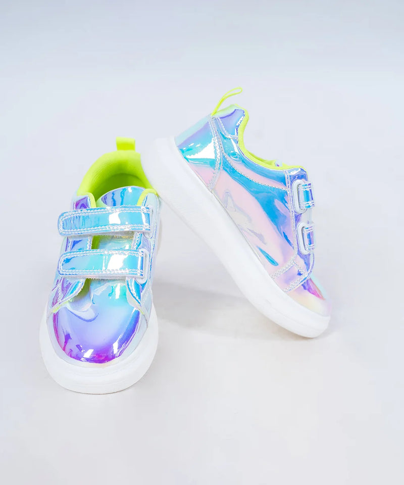 Close-up of girls' shiny blue strap sneakers with cushioned sole, perfect for parties in Jaipur