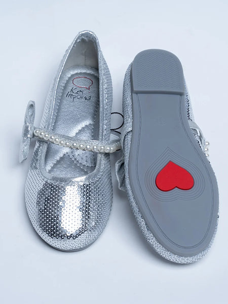 silver shiny pearl sandals for girls for wedding & other occasions 