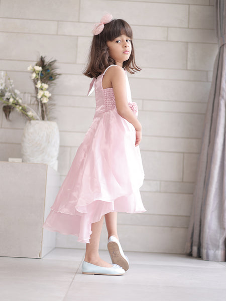 Pink frock with floral waist and bow, Jaipur kids wear boutique