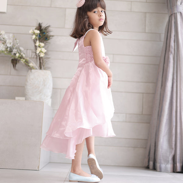 Pink frock with floral waist and bow, Jaipur kids wear boutique