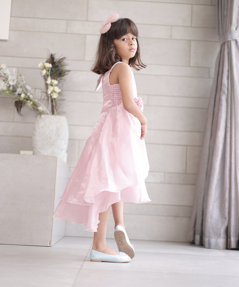 Pink frock with floral waist and bow, Jaipur kids wear boutique