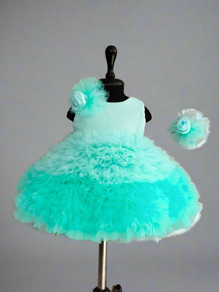 Elegant sea-blue birthday dress for girls, branded children clothing Jaipur