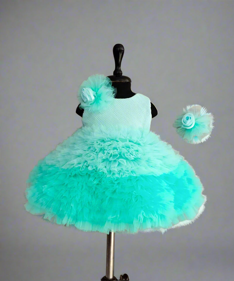 Elegant sea-blue birthday dress for girls, branded children clothing Jaipur