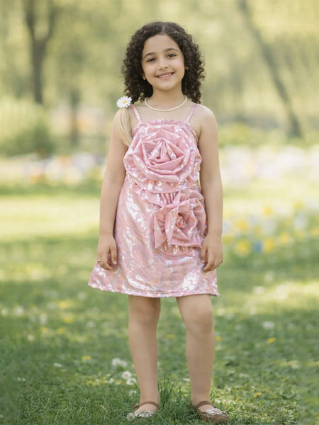 Young girl in a pink dress with floral design standing in a park.