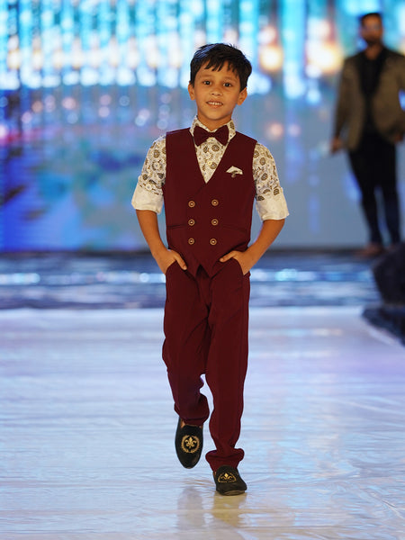wedding wear maroon waist coat suit set for boys