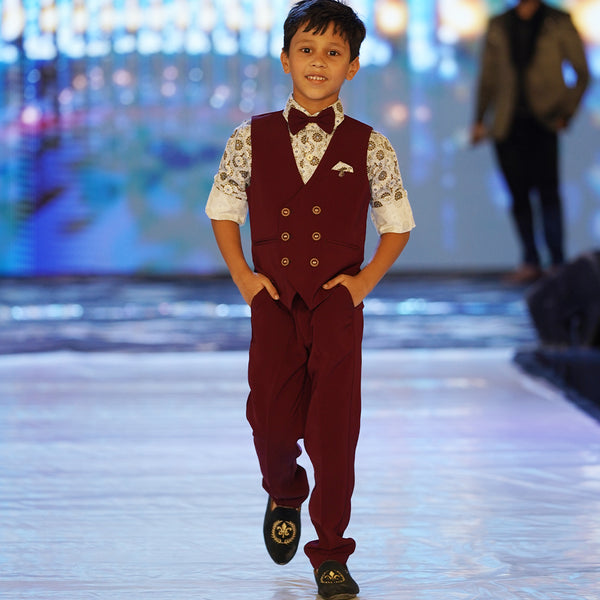 wedding wear maroon waist coat suit set for boys
