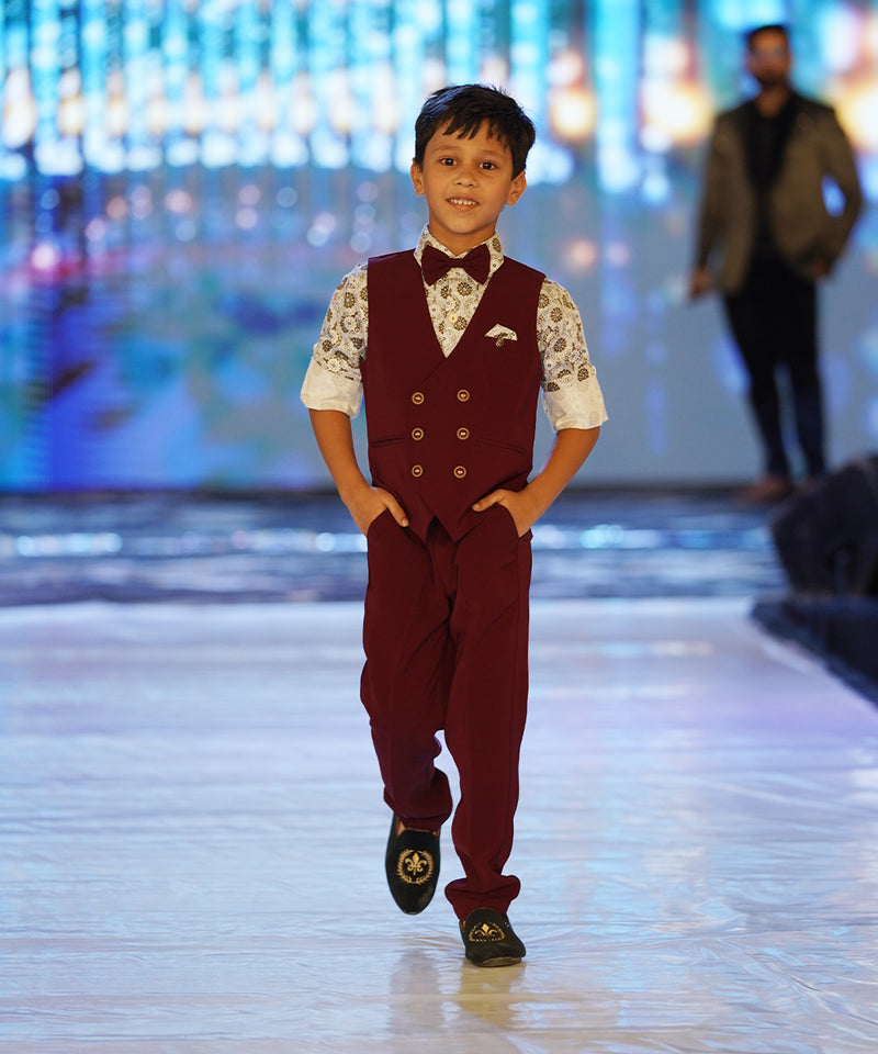 wedding wear maroon waist coat suit set for boys