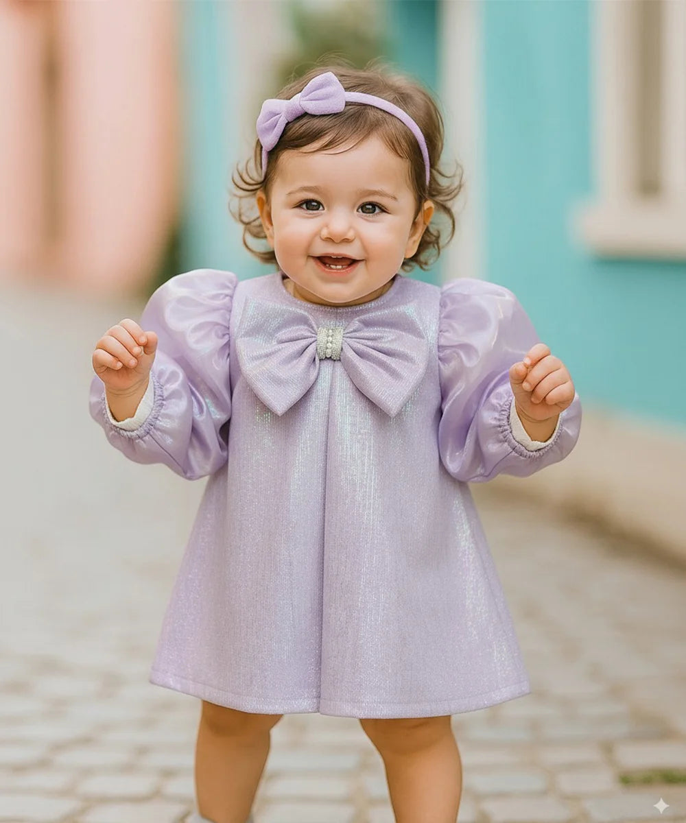 Child wearing a purple dress with a bow, standing on a cobblestone street.