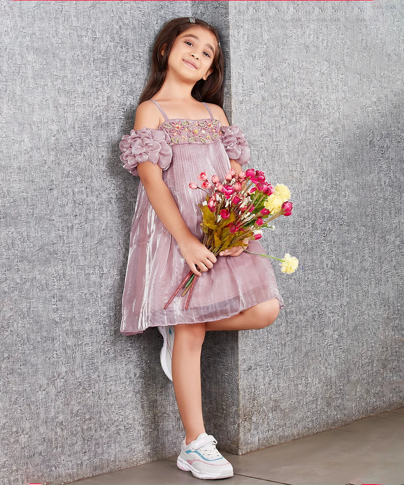Party wear girls dress, onion pink pleated, floral embroidery, perfect for birthdays