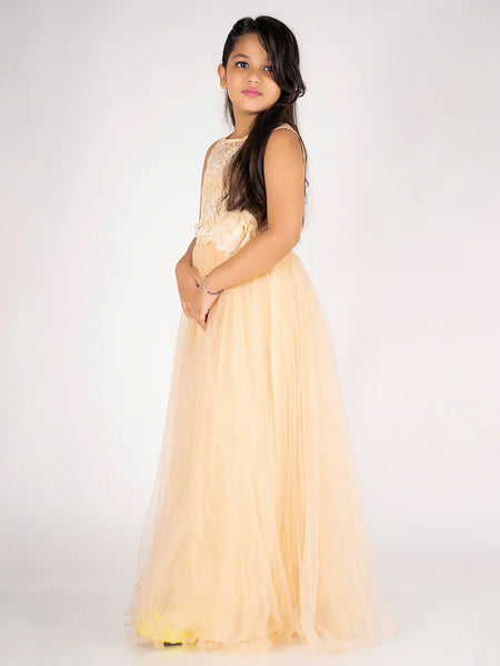Young girl wearing a light yellow dress with floral details on a white background