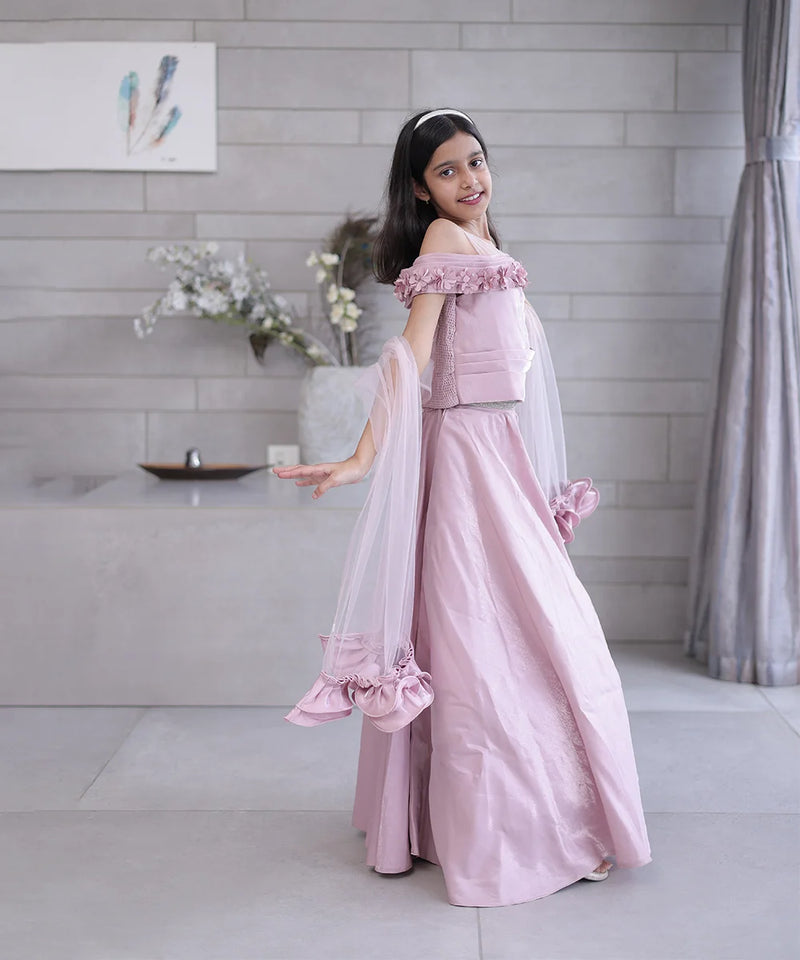 party wear onion pink floral blouse with lehenga & net dupatta for girls 