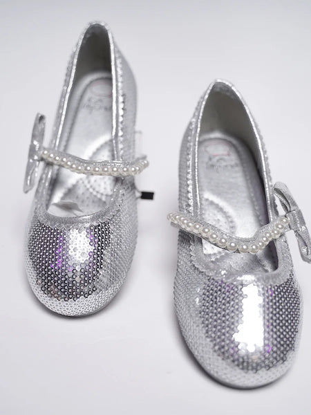 Kids' shimmering silver party shoes featuring pearl strap and decorative bow, Jaipur
