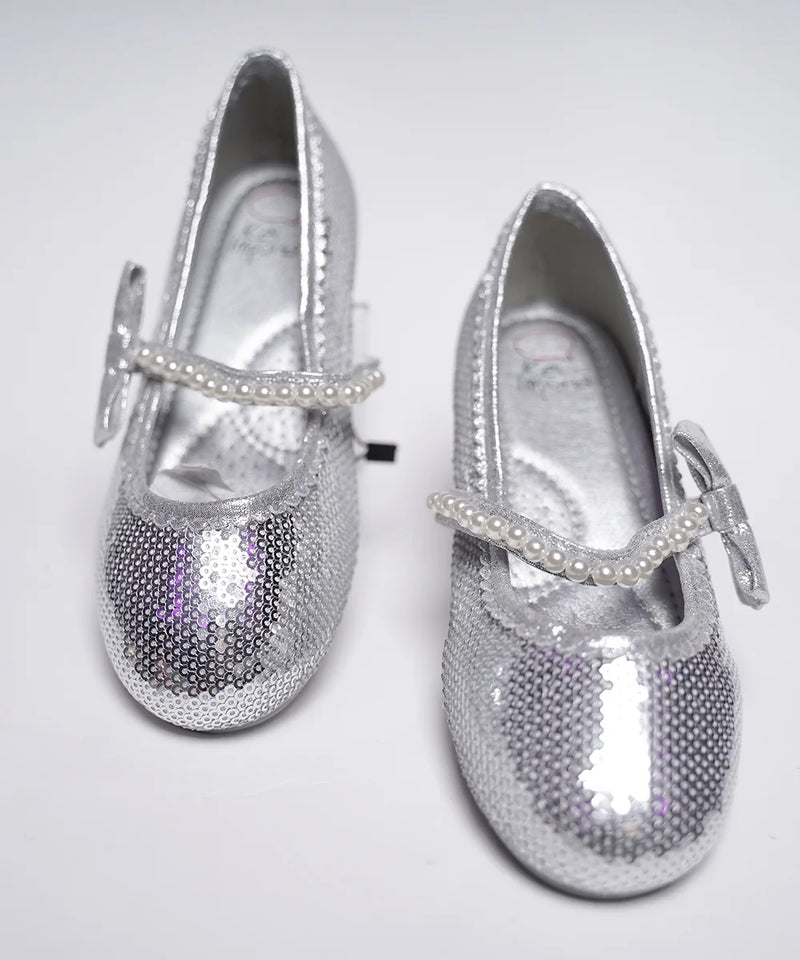 Kids' shimmering silver party shoes featuring pearl strap and decorative bow, Jaipur