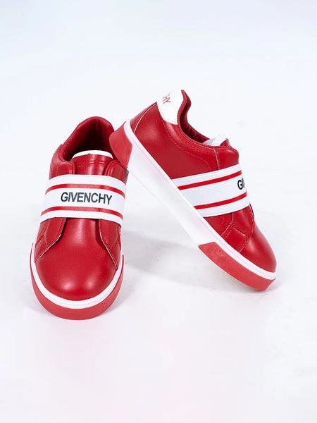 Girls' red slip-on sneakers with white logo band and cushioned sole, Jaipur, ages 1–8 years