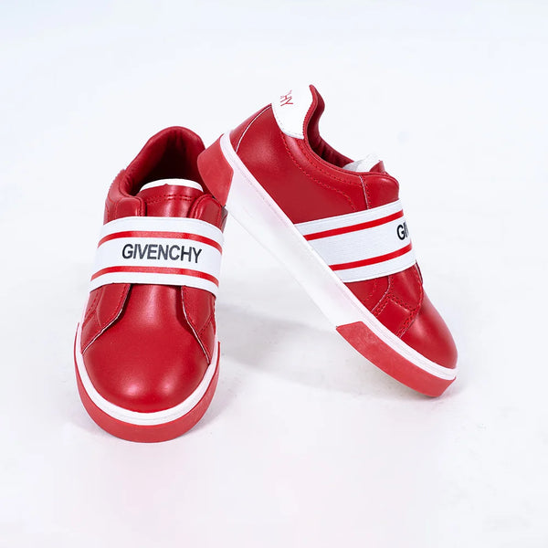 Girls' red slip-on sneakers with white logo band and cushioned sole, Jaipur, ages 1–8 years