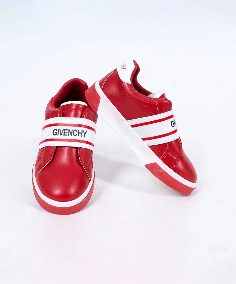 Girls' red slip-on sneakers with white logo band and cushioned sole, Jaipur, ages 1–8 years