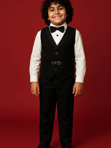 Child wearing a formal black suit with a bow tie on a red background