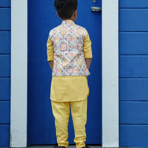 Designer infant boys Jaipur kurta pyjama, yellow Nehru jacket festive style