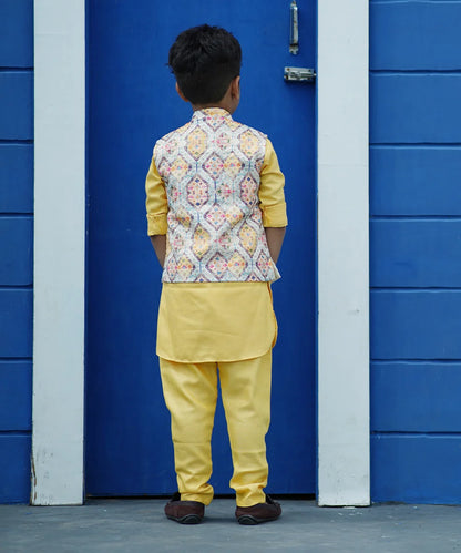 Designer infant boys Jaipur kurta pyjama, yellow Nehru jacket festive style