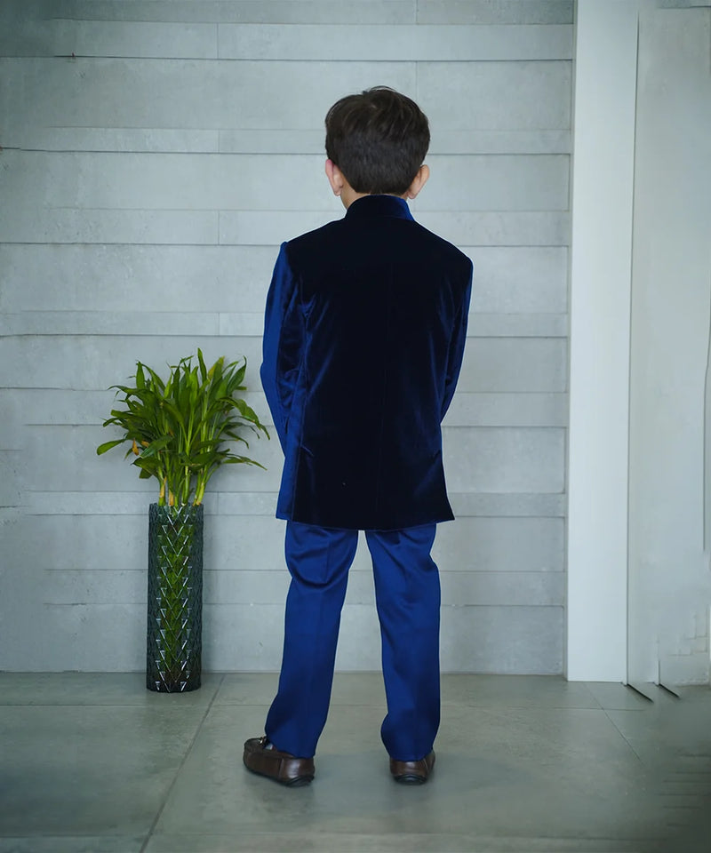 Kids wedding Jodhpuri suit in navy velvet with designer details, Jaipur