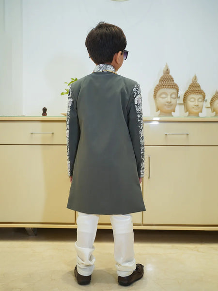 Festive self-embroidered sherwani set, grey tone, boys partywear Jaipur

