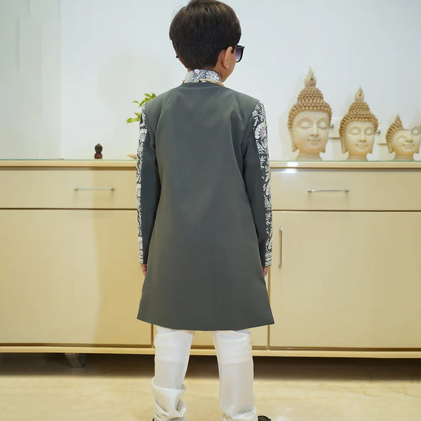Festive self-embroidered sherwani set, grey tone, boys partywear Jaipur

