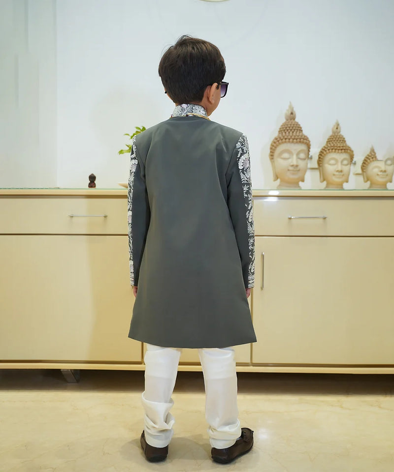 Festive self-embroidered sherwani set, grey tone, boys partywear Jaipur

