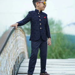 wedding wear navy blue jacquard jodhpuri suit set for boys