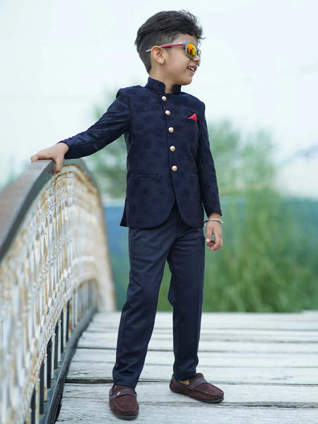 wedding wear navy blue jacquard jodhpuri suit set for boys
