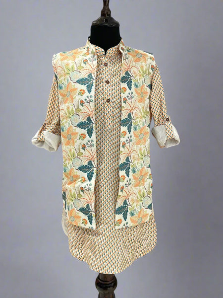 Peach Coloured Self-Printed Kurta Pajama Set for Boys for Weddings