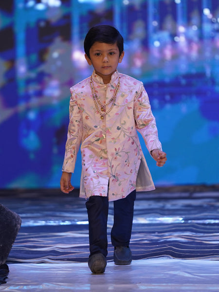 Peach self-embroidered sherwani and pyjama set for boys, Jaipur designer kidswear