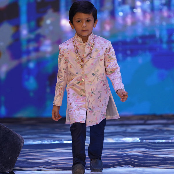 Peach self-embroidered sherwani and pyjama set for boys, Jaipur designer kidswear