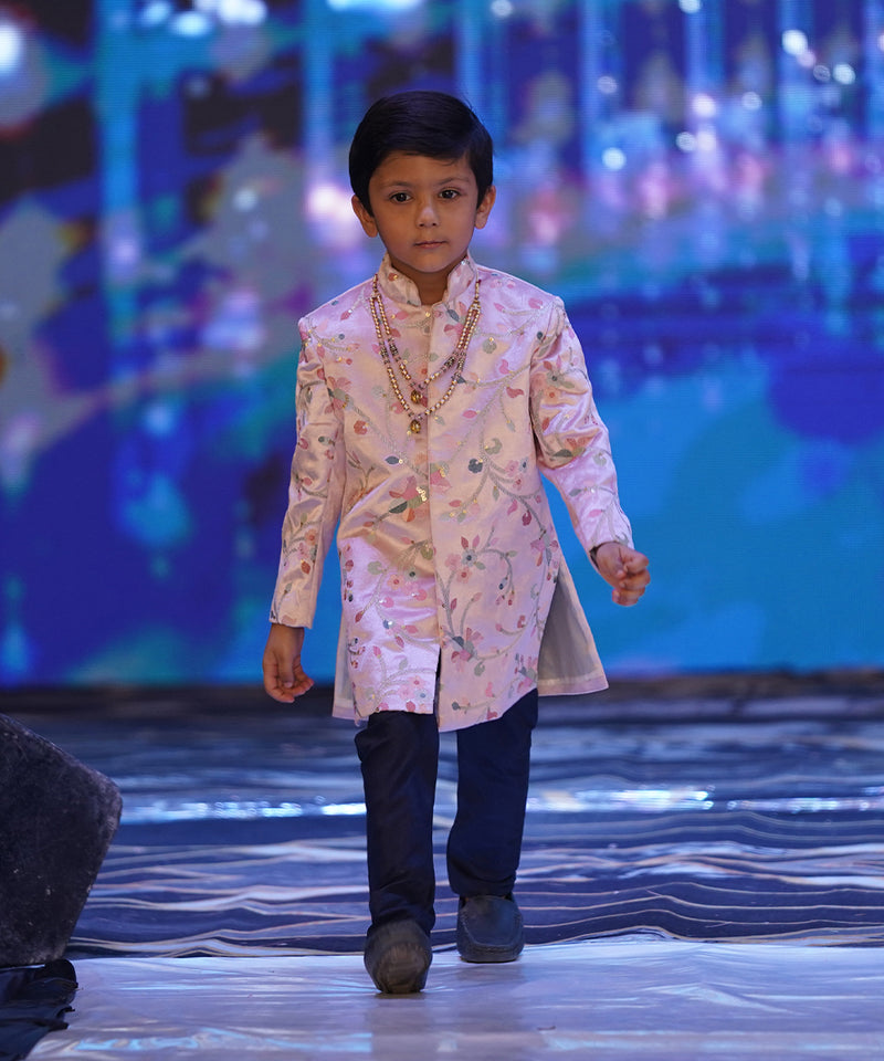 Peach self-embroidered sherwani and pyjama set for boys, Jaipur designer kidswear