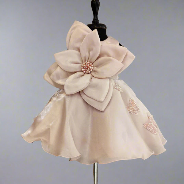 A peach-colored baby birthday frock was displayed on a mannequin, featuring a floral design and a large bow on the chest.