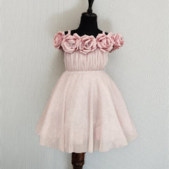 Peach birthday frock with floral neckline for girls, Jaipur kidswear boutique