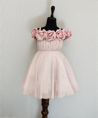Peach birthday frock with floral neckline for girls, Jaipur kidswear boutique