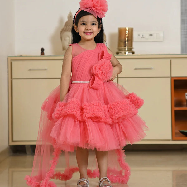 Peach frock for girls with ruffle detailing, one-shoulder, and high-low hem, Jaipur