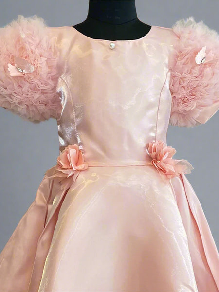 peach puffy sleeve frock for girls 