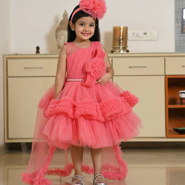Peach party wear frock for baby girls, layered net, headband, and clutch set