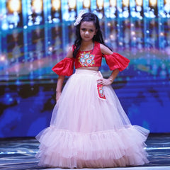 Peach pink net lehenga with floral embroidered blouse, best wedding lehenga for kids in Jaipur

 