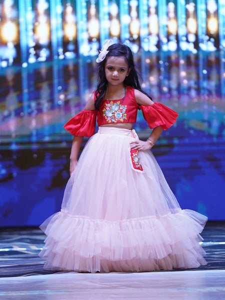 Peach pink net lehenga with floral embroidered blouse, best wedding lehenga for kids in Jaipur

 