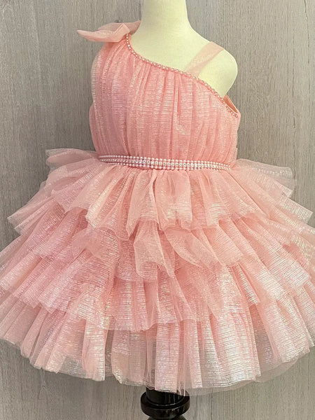 peach shimmery frilly frock for baby girls 
