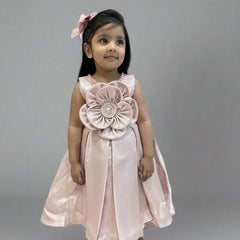 Peach up and down birthday frock for girls with flower, Jaipur kidswear showroom
