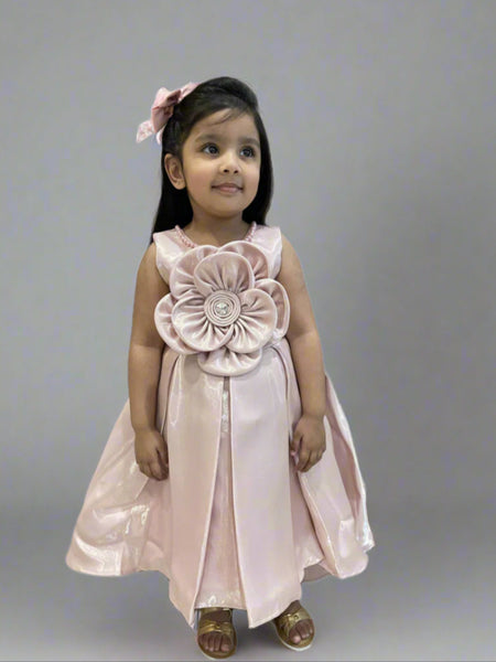 Peach up and down birthday frock for girls with flower, Jaipur kidswear showroom