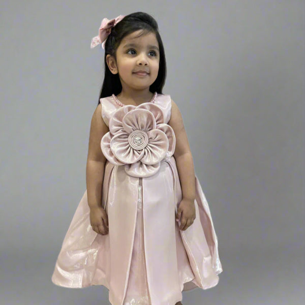 Peach up and down birthday frock for girls with flower, Jaipur kidswear showroom