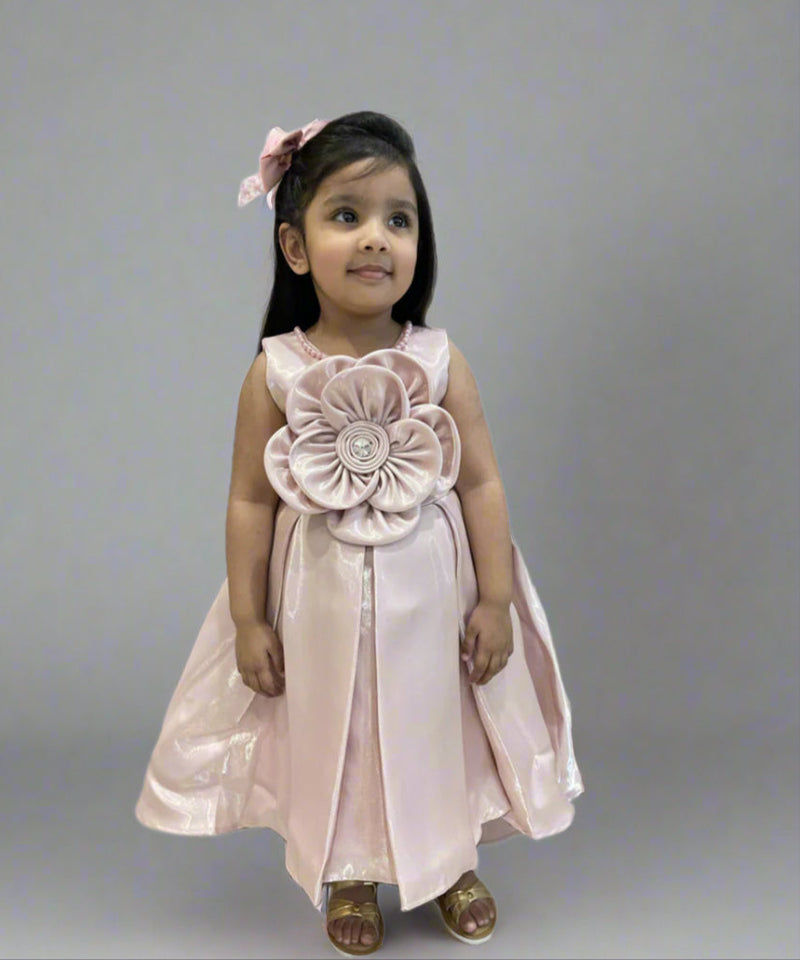 Peach up and down birthday frock for girls with flower, Jaipur kidswear showroom