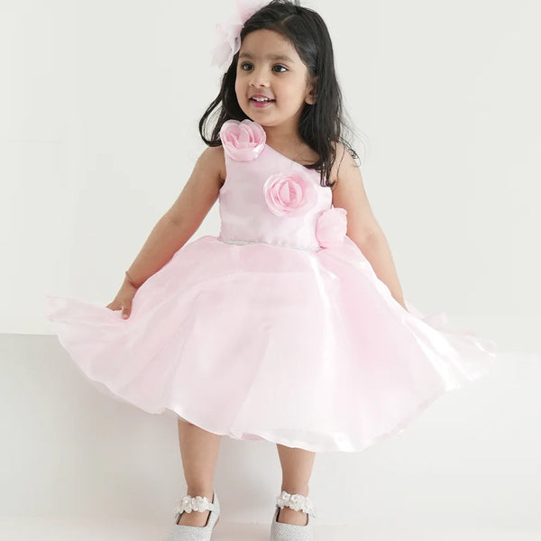 Baby pink frock for girls, one-shoulder floral dress, perfect for birthdays in Jaipur