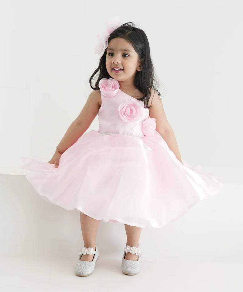 Baby pink frock for girls, one-shoulder floral dress, perfect for birthdays in Jaipur