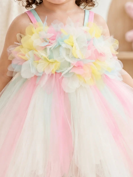 Close-up of baby girls' pastel flower appliqué tutu frock