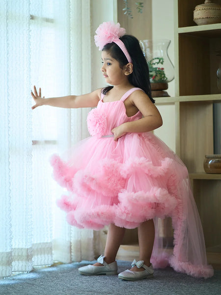 Pink birthday frock for girls, wine color with sequin bow and pleated yoke, Jaipur